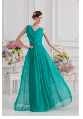 V-neck Empire Turquoise Chiffon Prom Dress with Ruching and Beading