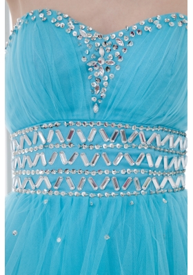 2014 Tulle A-line Sweathert Beading Baby Blue Belt Prom Dress