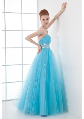 2014 Tulle A-line Sweathert Beading Baby Blue Belt Prom Dress