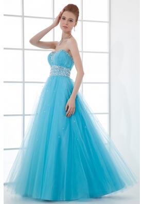 2014 Tulle A-line Sweathert Beading Baby Blue Belt Prom Dress