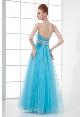 2014 Tulle A-line Sweathert Beading Baby Blue Belt Prom Dress