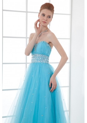 2014 Tulle A-line Sweathert Beading Baby Blue Belt Prom Dress