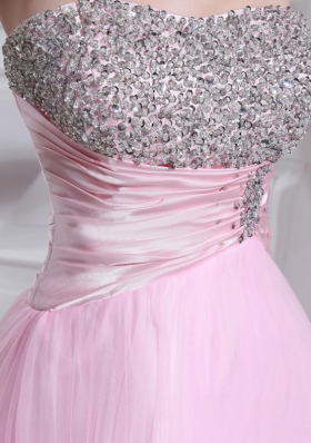 A-line Brush Train Beading Tulle Strapless Baby Pink Prom Dress