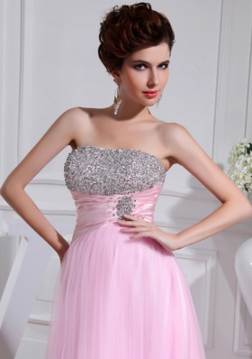 A-line Brush Train Beading Tulle Strapless Baby Pink Prom Dress