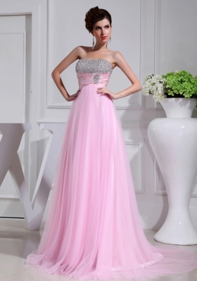 A-line Brush Train Beading Tulle Strapless Baby Pink Prom Dress