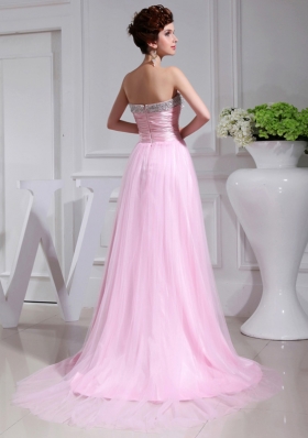 A-line Brush Train Beading Tulle Strapless Baby Pink Prom Dress