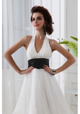 A-line Chiffon White Haltor Top Knee-length  Hand Made Flower Prom Dress