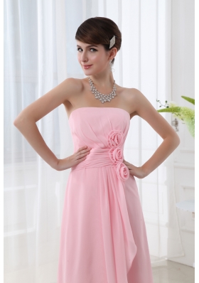 A-line Strapless Hand Made Flowers Chiffon Baby Pink Prom Dress