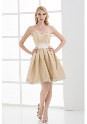 A-line Strapless Sleeveless Embroidery Champange Prom Dress