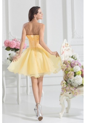 A-line Yellow Strapless Hand Made Flower Organza Prom Dress