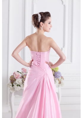 Baby Pink A-line Court Train Strapless Ruching Prom Dress