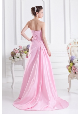 Baby Pink A-line Court Train Strapless Ruching Prom Dress