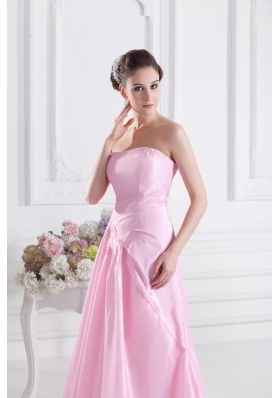 Baby Pink A-line Court Train Strapless Ruching Prom Dress