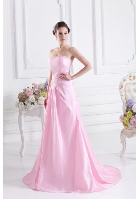 Baby Pink A-line Court Train Strapless Ruching Prom Dress