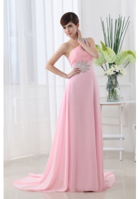 Baby Pink One Shoulder Court Train Chiffon Prom Dress with Beading and Ruching