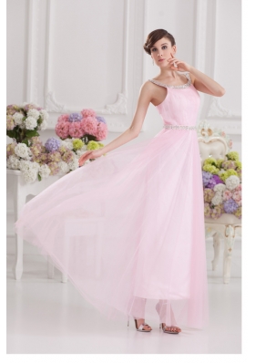 Baby Pink Straps Empire Tulle with Beading Prom Dress