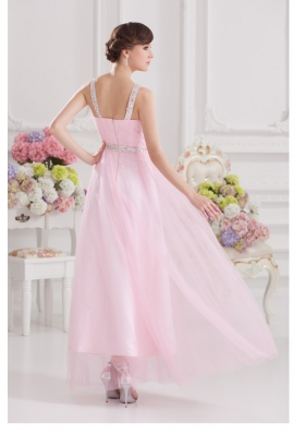 Baby Pink Straps Empire Tulle with Beading Prom Dress