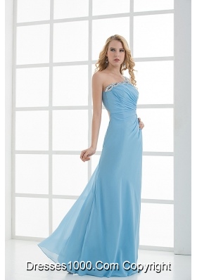 Blue Column One Shoulder Beading Chiffon Ruching Prom Dress