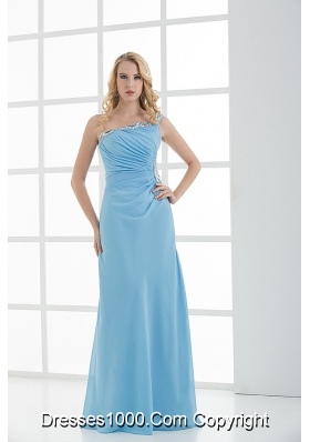 Blue Column One Shoulder Beading Chiffon Ruching Prom Dress