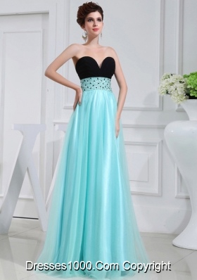 Column Beading Tulle Floor-length Strapless Aqua Blue Prom Dress