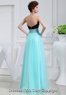 Column Beading Tulle Floor-length Strapless Aqua Blue Prom Dress