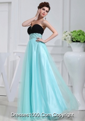 Column Beading Tulle Floor-length Strapless Aqua Blue Prom Dress