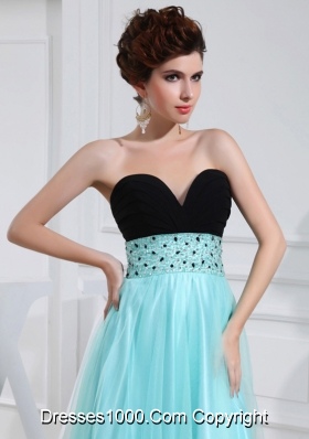 Column Beading Tulle Floor-length Strapless Aqua Blue Prom Dress