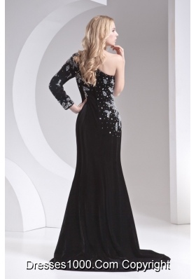 Column Black One Shoulder Beading High Slit Special Fabric Prom Dress