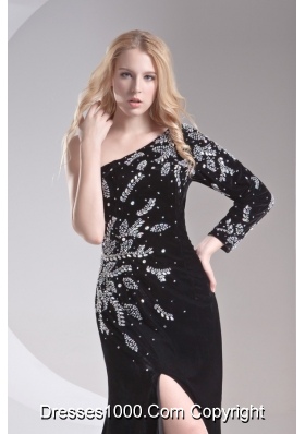 Column Black One Shoulder Beading High Slit Special Fabric Prom Dress