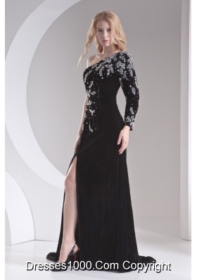 Column Black One Shoulder Beading High Slit Special Fabric Prom Dress