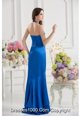 Column Blue Empire Halter Top Prom Dress with  Beading and High Slit