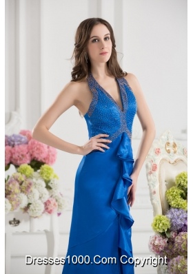 Column Blue Empire Halter Top Prom Dress with  Beading and High Slit