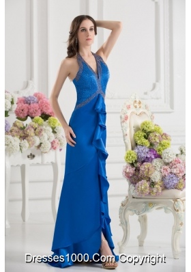 Column Blue Empire Halter Top Prom Dress with  Beading and High Slit