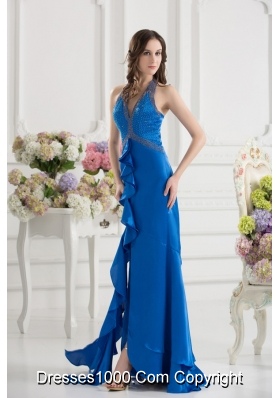 Column Blue Empire Halter Top Prom Dress with  Beading and High Slit