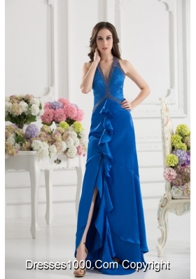 Column Blue Empire Halter Top Prom Dress with  Beading and High Slit