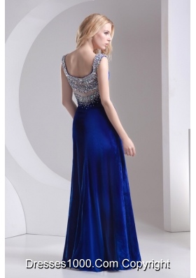 Column Blue Straps Beading High Slit Special Fabric Prom Dress