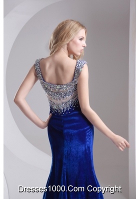 Column Blue Straps Beading High Slit Special Fabric Prom Dress