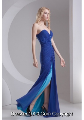 Column Blue Sweetheart Beading High Slit Chiffon Prom Dress