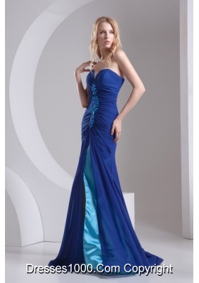 Column Blue Sweetheart Beading High Slit Chiffon Prom Dress