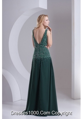 Column V-neck Chiffon Beading Dark Slate Gray Prom Dress