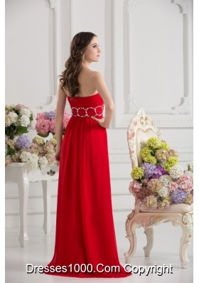 Empier Strapless Chiffon Beading Ruching High Slit Red Prom Dress