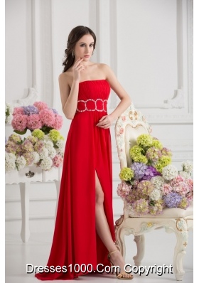 Empier Strapless Chiffon Beading Ruching High Slit Red Prom Dress