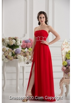 Empier Strapless Chiffon Beading Ruching High Slit Red Prom Dress