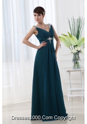 Empire Chiffon Floor-length V-neck Black Beading And Ruching Prom Dress