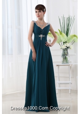 Empire Chiffon Floor-length V-neck Black Beading And Ruching Prom Dress