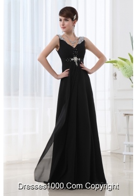 Empire Chiffon Floor-length V-neck Black Beading And Ruching Prom Dress