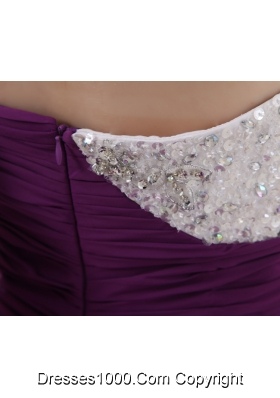 Empire Eggplant Purple Prom Dress with Watteau Trian Strain and Beading Ruching