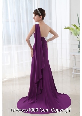 Empire Eggplant Purple Prom Dress with Watteau Trian Strain and Beading Ruching