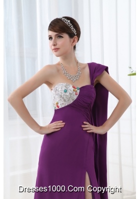 Empire Eggplant Purple Prom Dress with Watteau Trian Strain and Beading Ruching