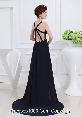 Empire Floor-length Straps Ruching Navy Blue Prom Dress